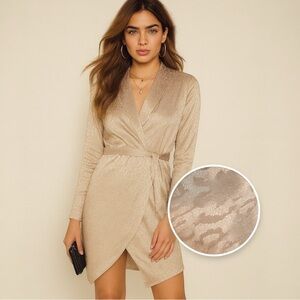 Nasty Gal Tan Leopard Print Satin Jacquard‎ Long Sleeve Mini Wrap Dress NWT M